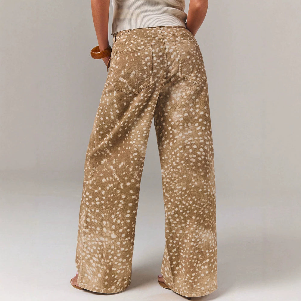 Women's denim pants - deer print, spotted, khaki, high-waisted, wide-leg, floor-length, fall new arrivals