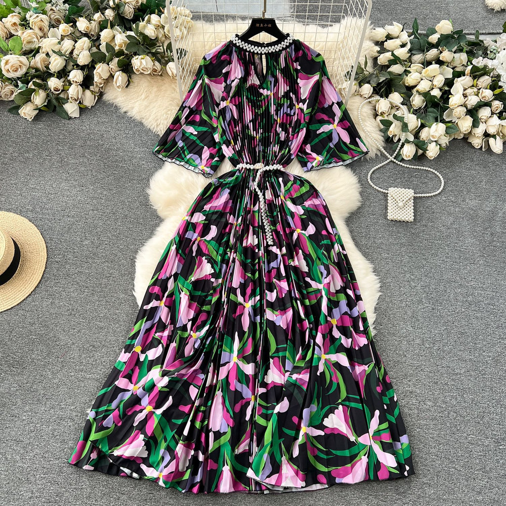 European style plus size women's high-end printed, heavily beaded, pleated long formal dress with pleated skirt - elegant women's dress