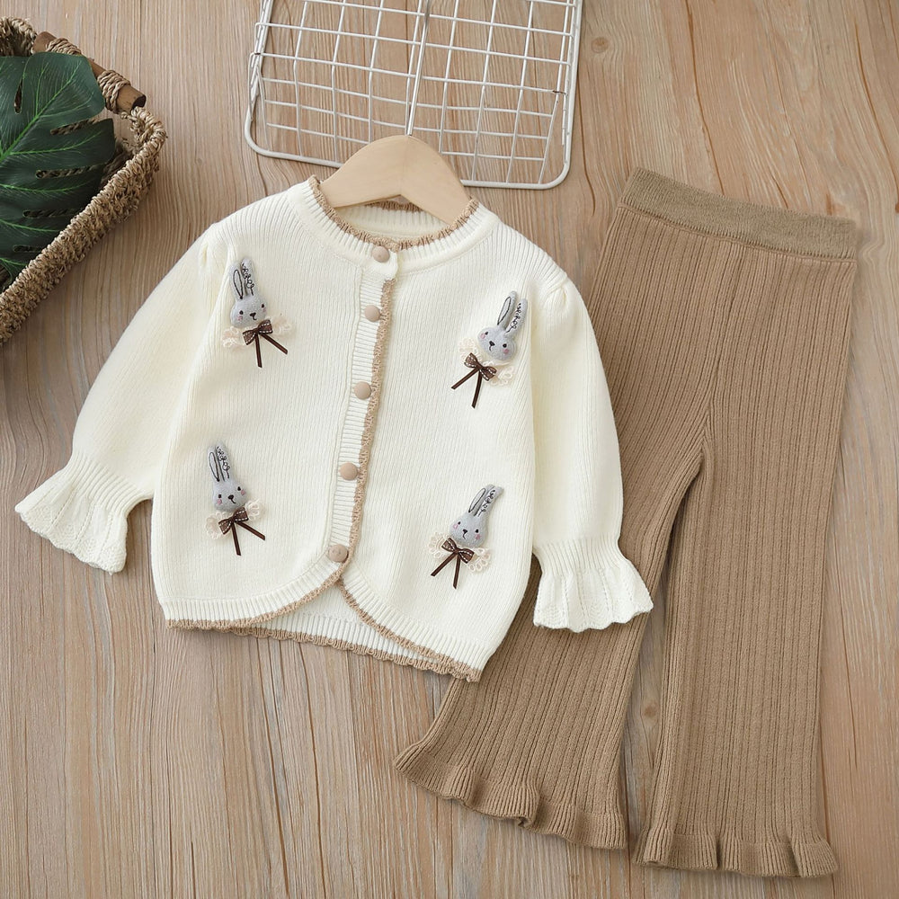 Girls' knitted sweater two-piece set -  autumn/winter new cartoon bunny sweet knitwear outfit for little girls