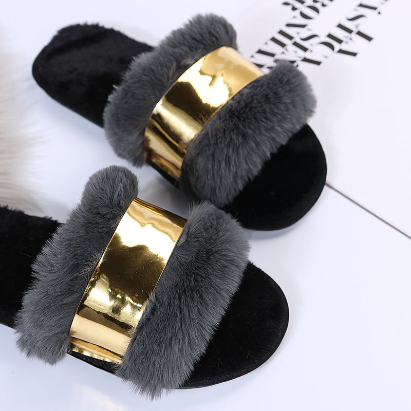 Export fashion outwear fur slippers women's plus sizeflats indoor heattech flip-flops women's stuffedflats sandals
