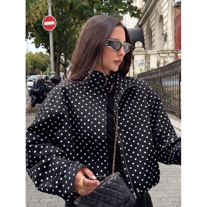 fashion:  autumn new arrivals - chic polka dot print, relaxed fit, zip-up jacket for women (us/eu)
