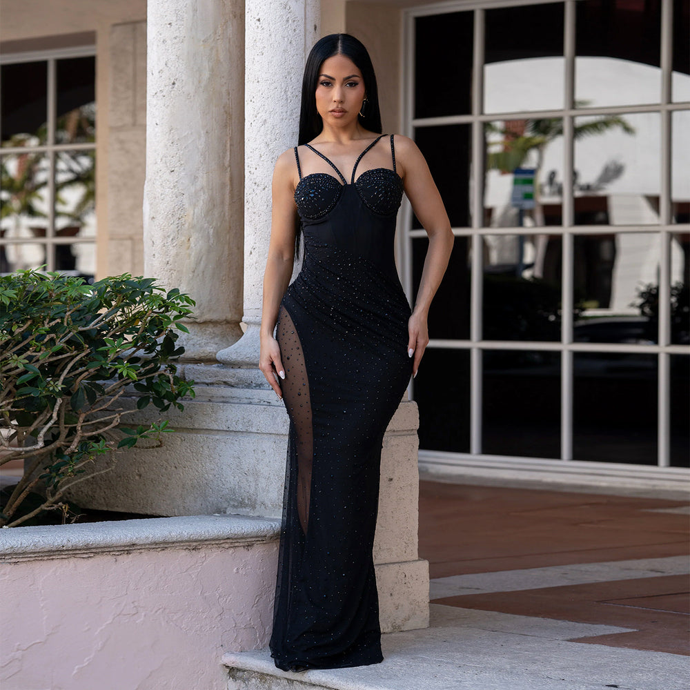 C7663 cross-border   fashion women's elegant rhinestone-embellished camisole dress
