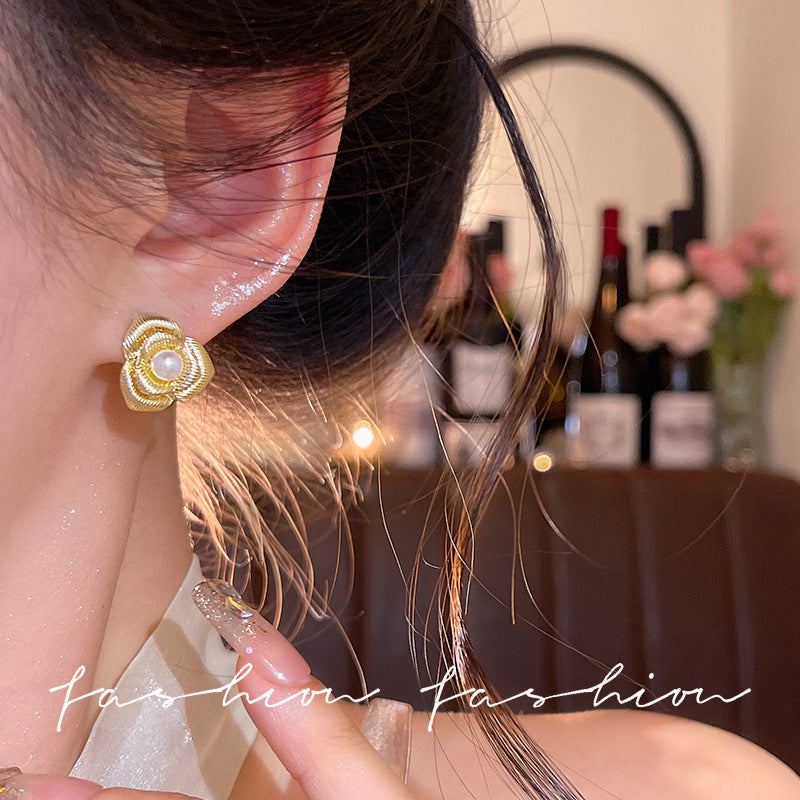 French chic floral pearl metal texture stud earrings - minimalist, unique, and versatile fashion earrings for women