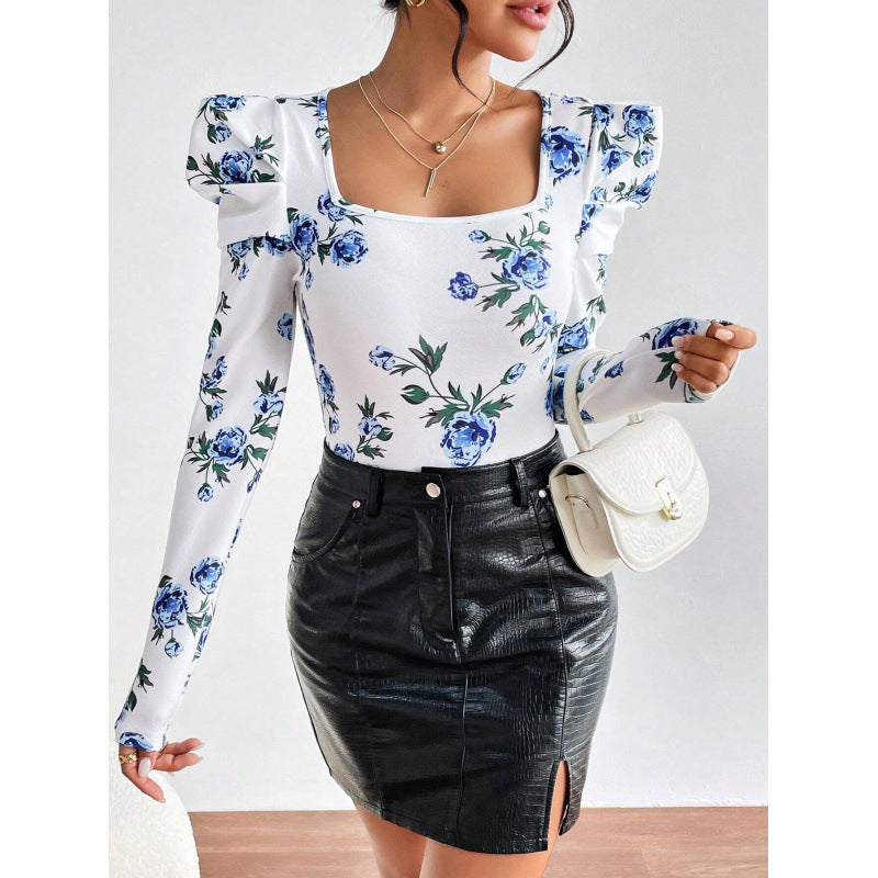 Women's floral print square neck puff sleeve top - long sleeve slim fit blouse, perfect for everyday wear and parties