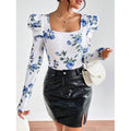 Women's floral print square neck puff sleeve top - long sleeve slim fit blouse, perfect for everyday wear and parties