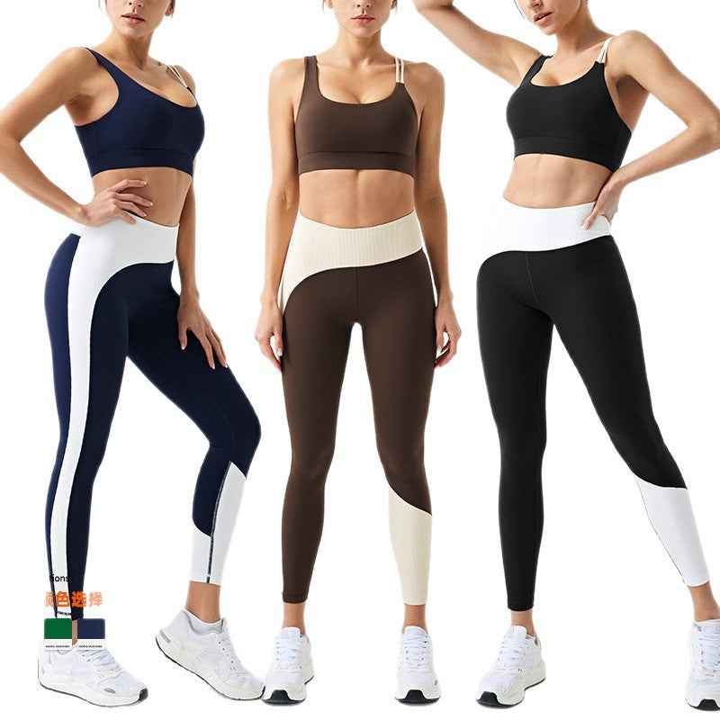 color block fashion pilates yoga set for women with built-in bra, slimming outdoor fitness apparel