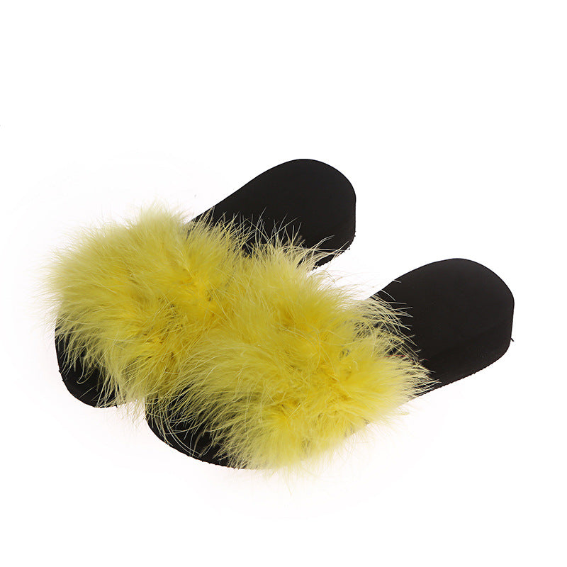 Wholesale processing of turkey feather slippers, women's real fur flip-flops, fur fur sandals, thick-soled sandals, cross-border slippers