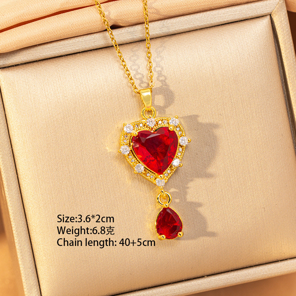 【titanium steel】copper inlaid zircon light luxury new style ruby necklace women's high-end fashion versatile elegant sweater chain jewelry
