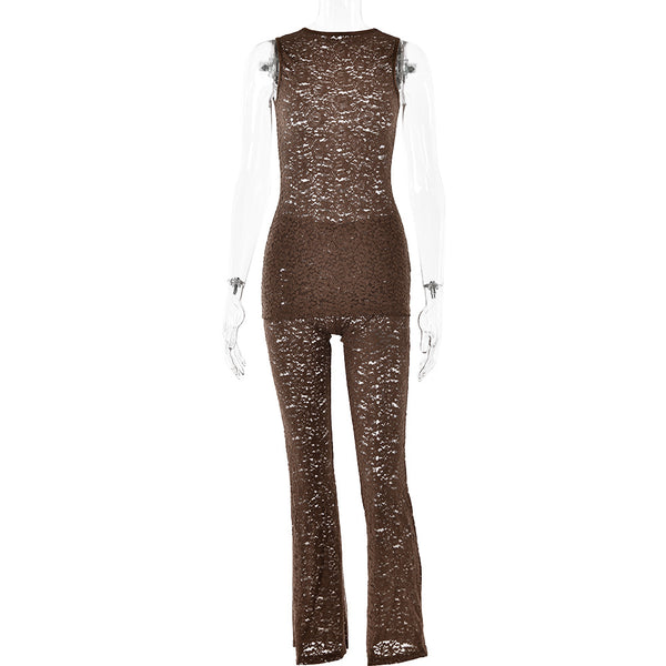 European and American  new hot-selling lace two-piece set, sexy Spice Girl round neck sleeveless top slim trousers set