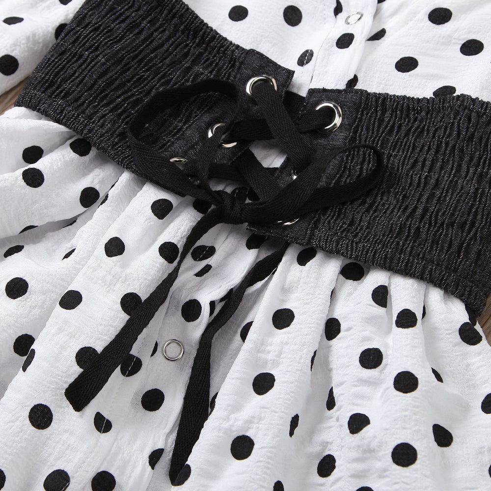 new children's clothing, european and american style, girl's polka dot v-neck petticoat + elastic denim tie two-piece set