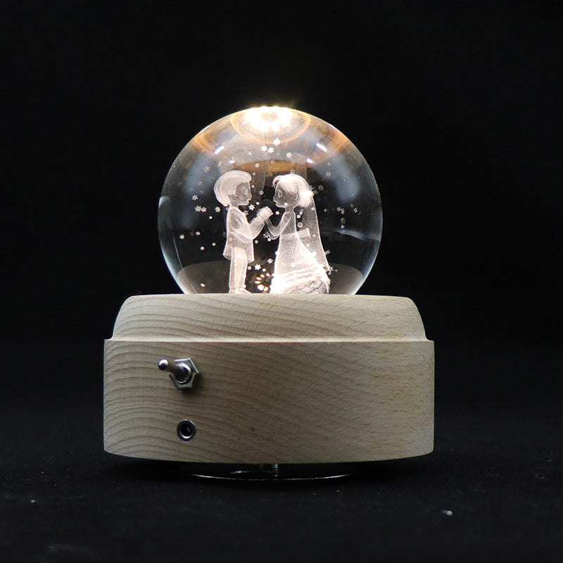 ins girl bedside lamp music box crystal ball wooden base music box charging luminous rotating music box