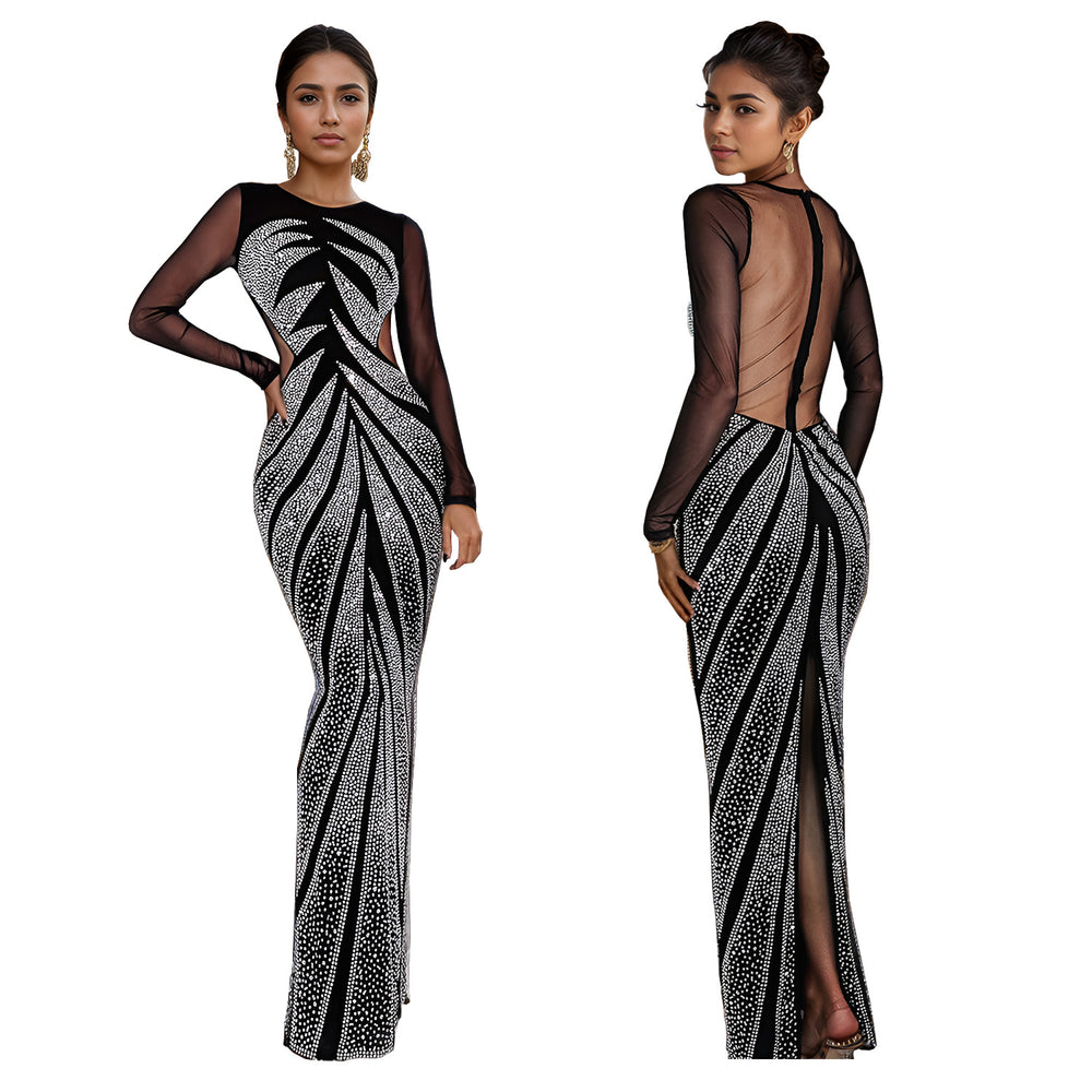 C7150 cross-border   fashion women's hotfix rhinestone long sleeve sexy bodycon mini dress