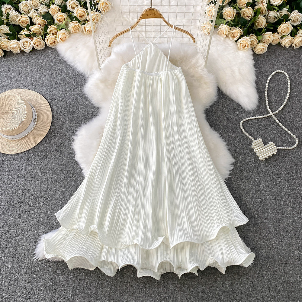 Beach vacation style sexy backless halter sundress - women's summer loose fit flattering tiered cake dress