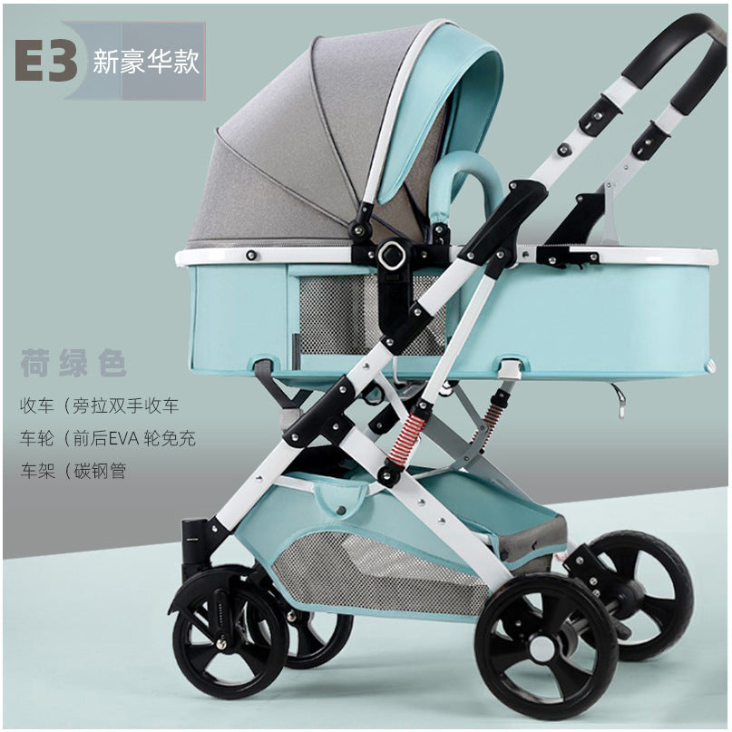 Newborn baby sleeping blue reversible, sit or lie down, high view baby stroller, foldable shock absorber stroller, two-way baby stroller