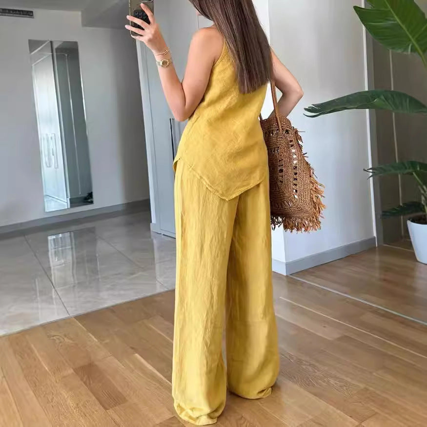 european and american cross-border  summer new arrival: solid color irregular sleeveless top and wide-leg pants two-piece set