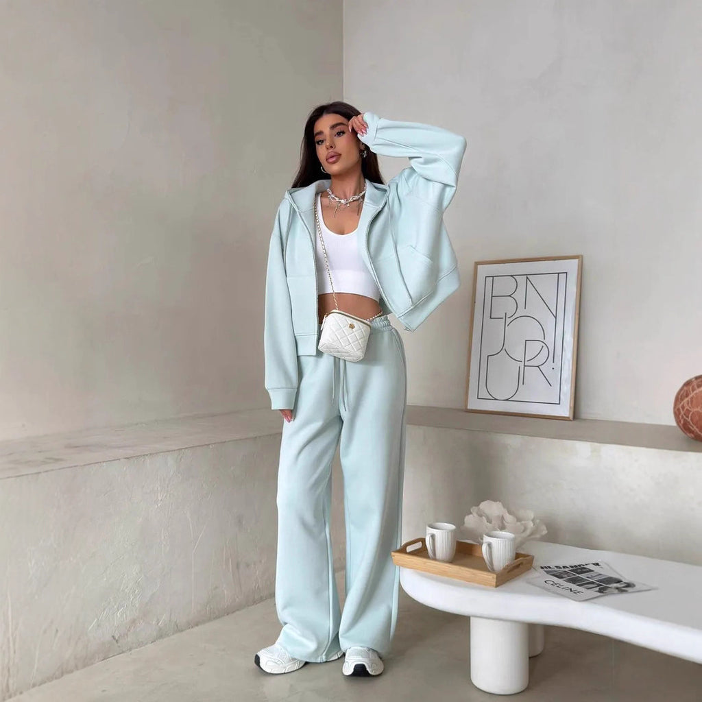 Europe and America Cross-border Sports Suit Long Sleeve Zipper Cardigan Hooded Sweater Lace-up Pants Two-piece Cotton Set