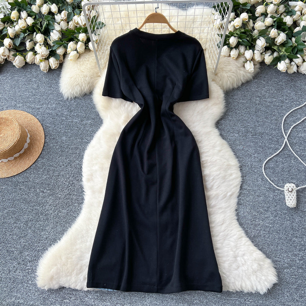 Korean style fashionable elegant asymmetrical short sleeve patchwork rhinestone waist denim dress women's summer slit maxi dress