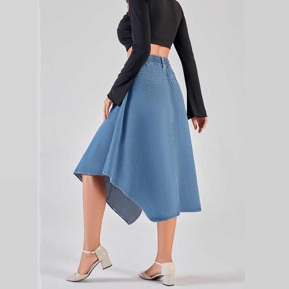 European and american style women's denim midi skirt -  cross-border fashion, streetwear trendy elastic waist asymmetrical denim skirt