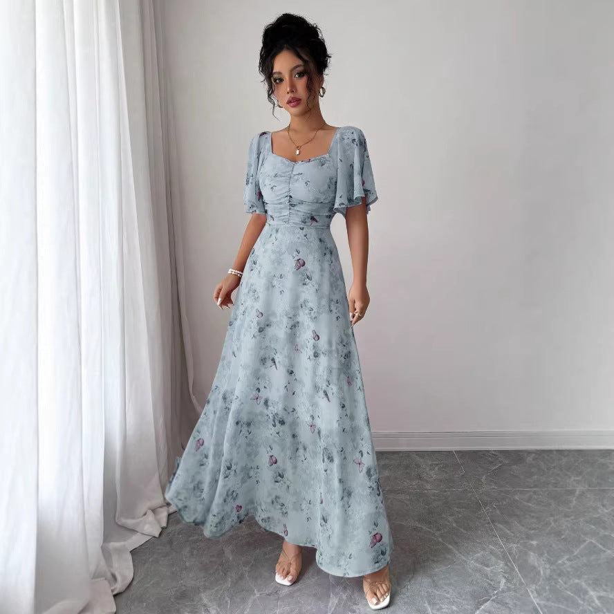 cross-border  hot-selling european and american style square neck puff sleeve floral dress