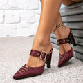 Amazon women's wine red high heel sandals square buckle decoration pointed toe special heel shoes sandals mules women's shoes
