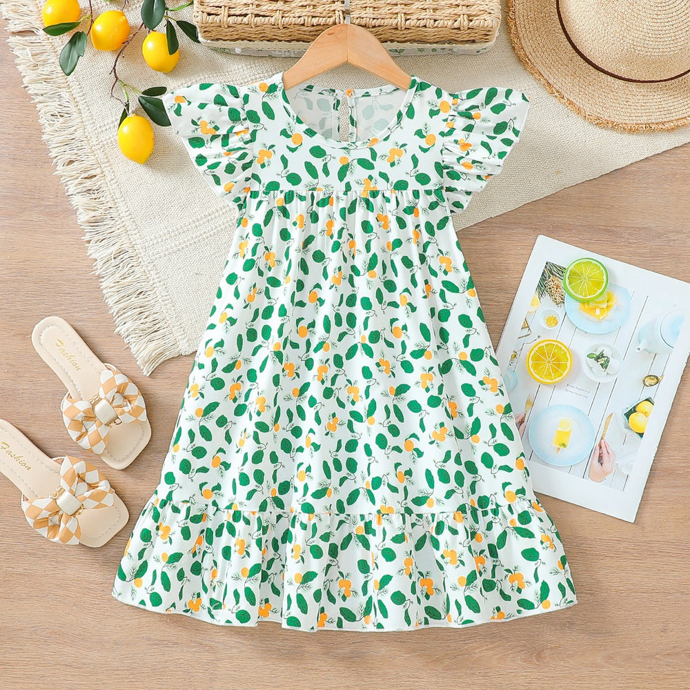 girls' dress - flutter sleeve sundress with lemon print - summer vacation style - chic a-line maxi dress for kids