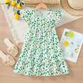 girls' dress - flutter sleeve sundress with lemon print - summer vacation style - chic a-line maxi dress for kids