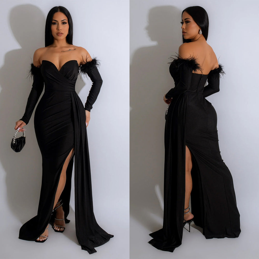 C6797 cross-border   fashion women's solid color pleated backless slit maxi dress