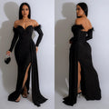 C6797 cross-border   fashion women's solid color pleated backless slit maxi dress