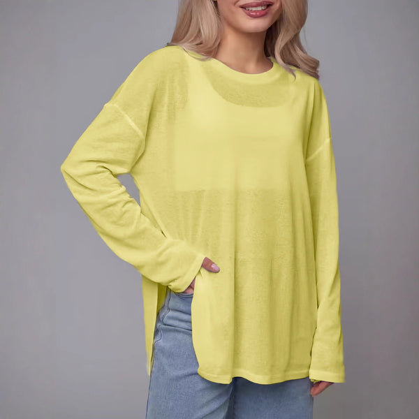 popular summer and autumn bottoming shirt T-shirt women's loose split-ended sunscreen blouse thin crew neck top European and American