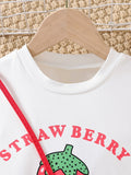 hot selling girls' crew neck printed tee + strawberry print denim shorts + bag set for little girls
