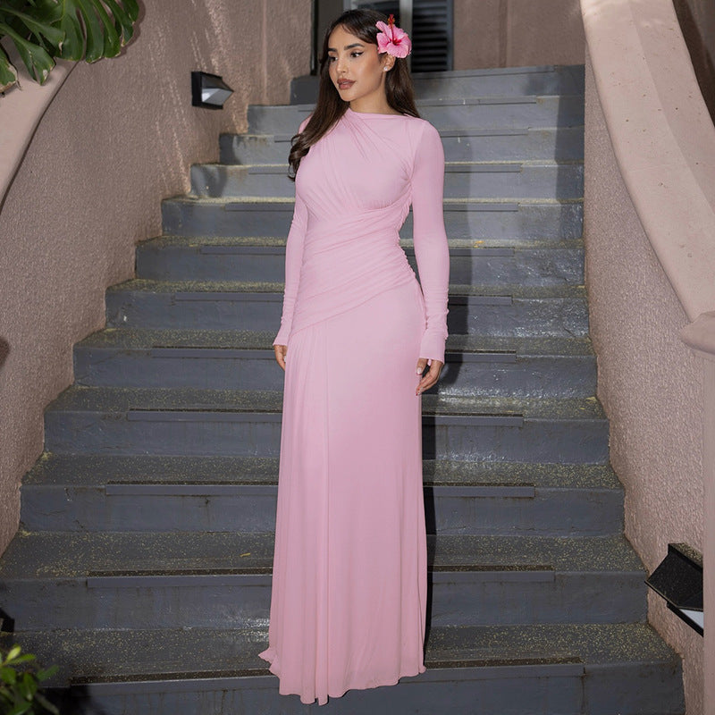 Export fashion european and american style  autumn/winter new collection - chic solid color crew neck long sleeve ruched bodycon dress for women