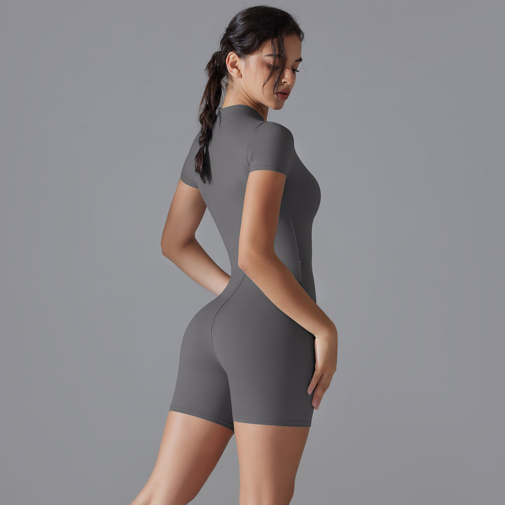 Naked all-in-one style yoga clothes half-open zipper short-sleeved fitness jumpsuit tight sports jumpsuit processing personalized