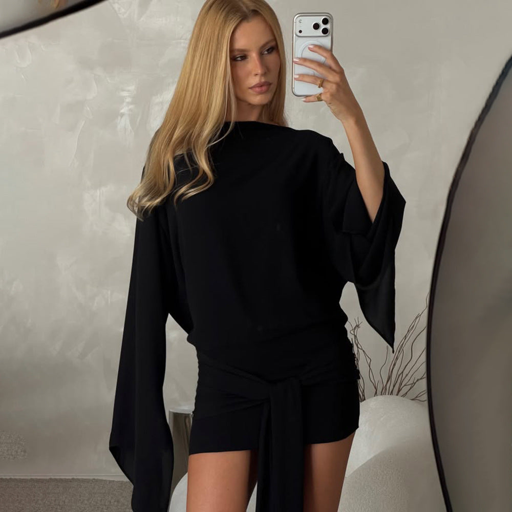 Aliexpress women's clothing  summer new fashion solid color swing neck loose long sleeve ribbon tie-up backless bodycon dress