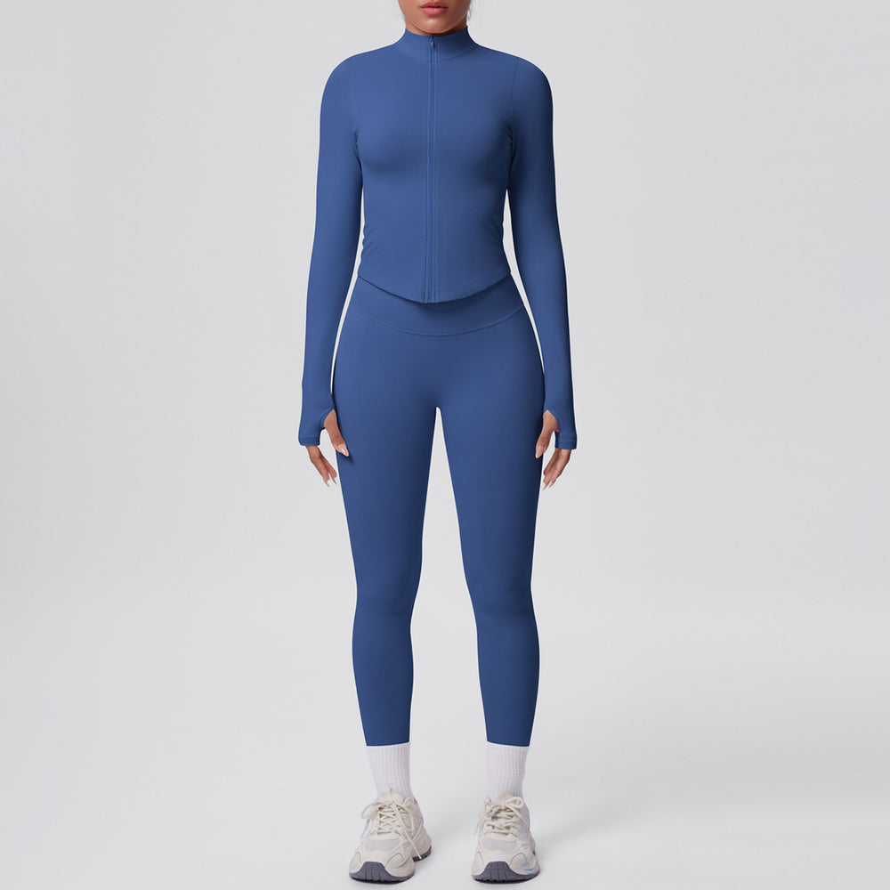 High-waisted, butt-lifting, form-fitting yoga set. solid color, seamless, stand-up collar, longline activewear. perfect for outdoor running and fitness