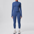High-waisted, butt-lifting, form-fitting yoga set. solid color, seamless, stand-up collar, longline activewear. perfect for outdoor running and fitness