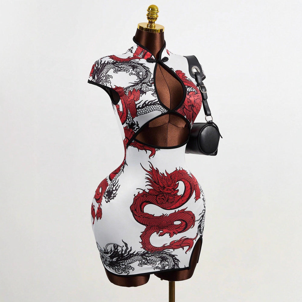 Chinese style summer women's dragon print short sleeve slim-fit mandarin collar dress - elegant & chic - ozon export