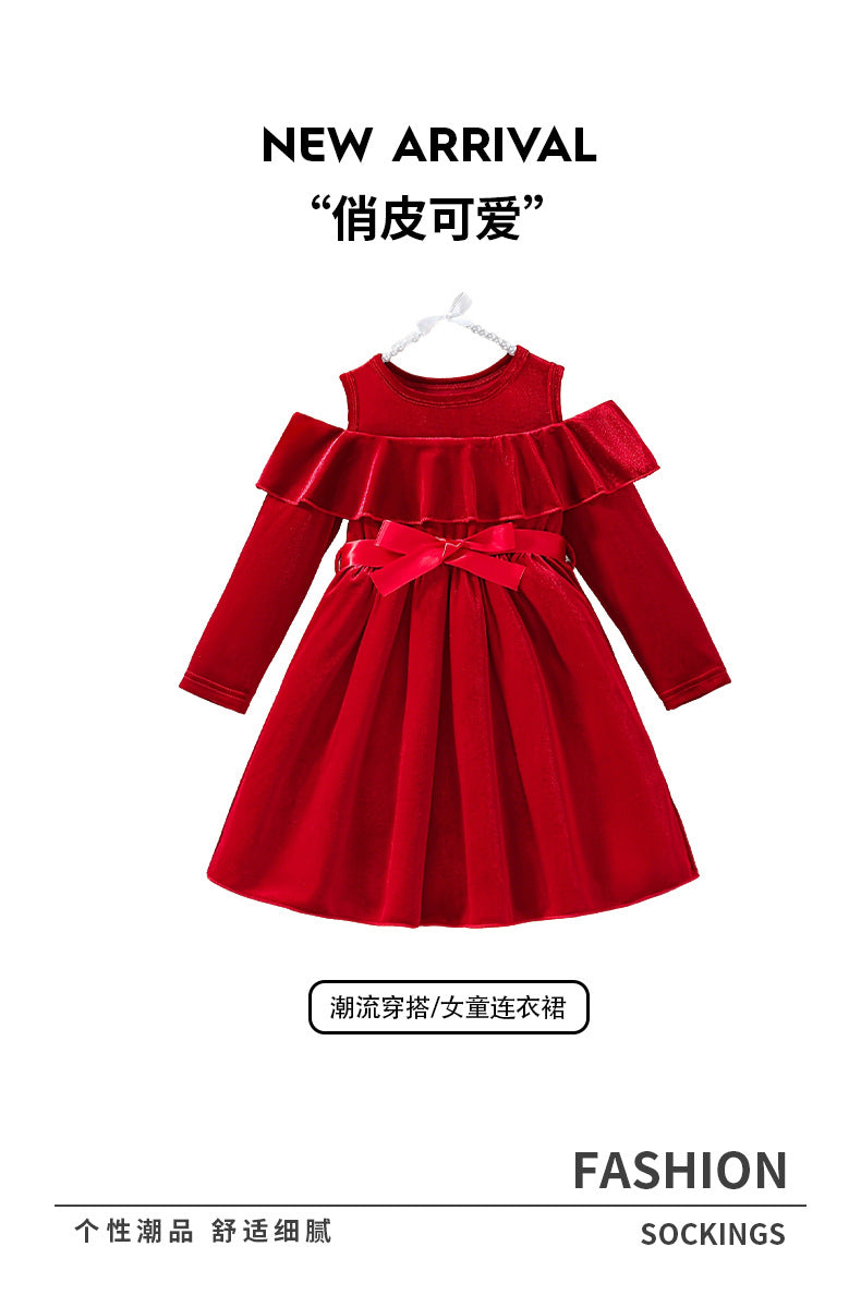 Girls' foreign trade dress - festive red off-the-shoulder design with ruffle trim, velvet fabric, bow accent, autumn/winter long sleeve dress for children