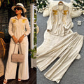 Lazy style pink embroidershirtloose pantstwo-piece setfemaleautumwork clothingslimming lookelegantsuitcasual