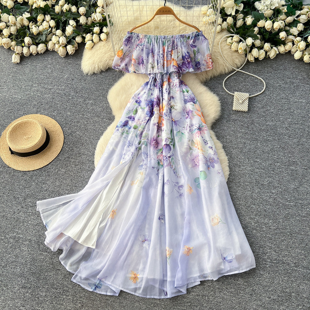 Vacation-style off-the-shoulder ruffle print dress - women's spring/summer korean high-waisted slimming elegant maxi dress