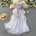 Vacation-style off-the-shoulder ruffle print dress - women's spring/summer korean high-waisted slimming elegant maxi dress