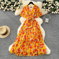 summer new arrival: women's high-end tie-waist v-neck flared sleeve slimming printed chiffon dress