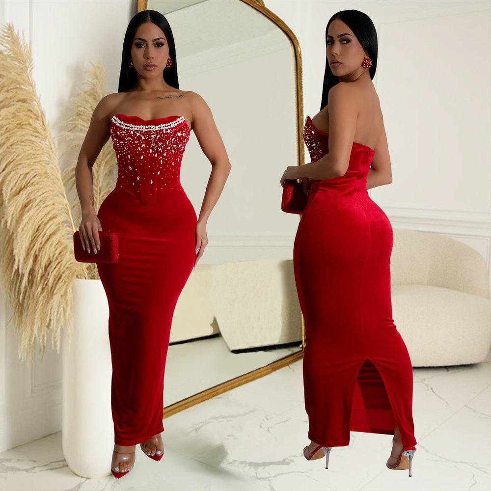 C7217 cross-border   fashion women's off-the-shoulder slit rhinestone bodycon dress - new