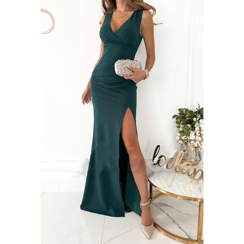 independent station  hot seller: summer new arrival solid color minimalist v-neck sleeveless slit dress