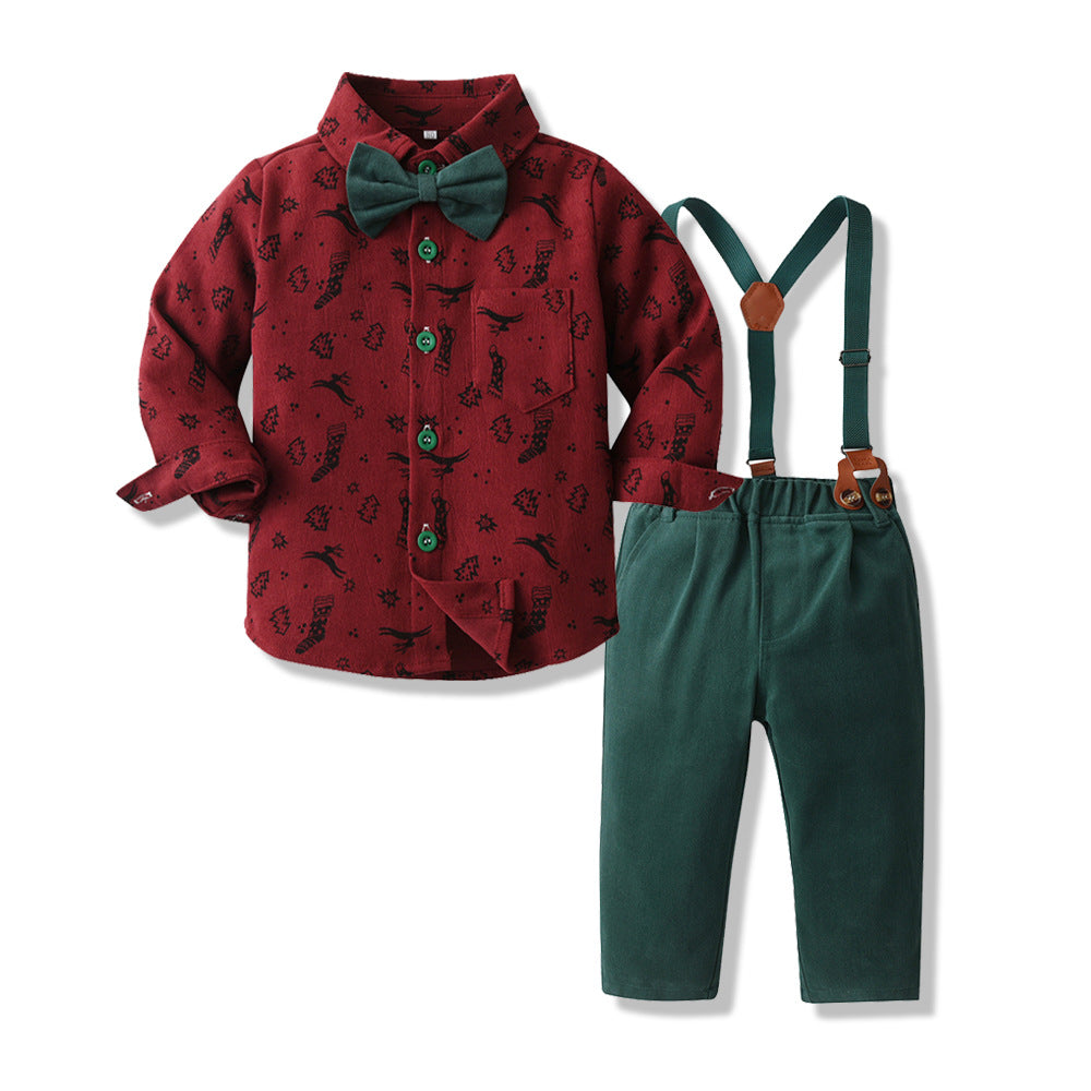 New arrivals: autumn collection - boys' cotton long-sleeve shirt & overalls set - perfect for first birthday & christmas gifts (cross-border e-commerce)