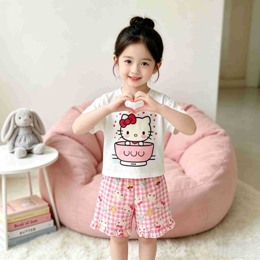 【matching family set】girls' kitty short-sleeve outfit - summer kids' hello kitty loungewear - baby cute pajamas