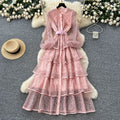 French chic luxury beaded floral tie-waist lantern sleeve single-breasted lace ruffle dress