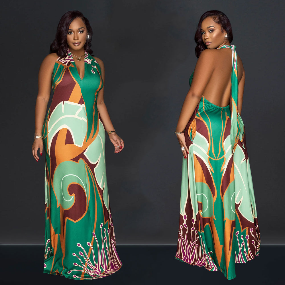 C6763 cross-border   fashion women's sexy printed sleeveless backless maxi dress