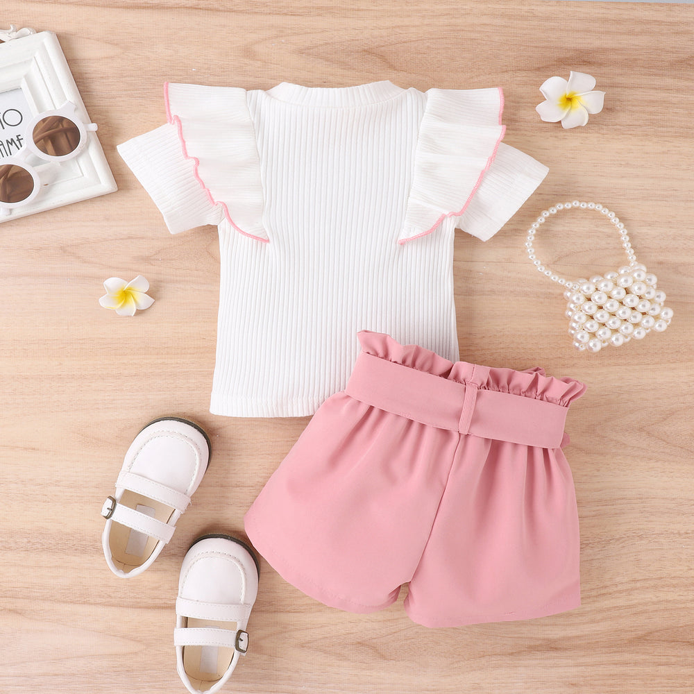 Kids' korean style summer outfit: bowknot short-sleeve ruffle top and belted pants set for girls (pullover style)