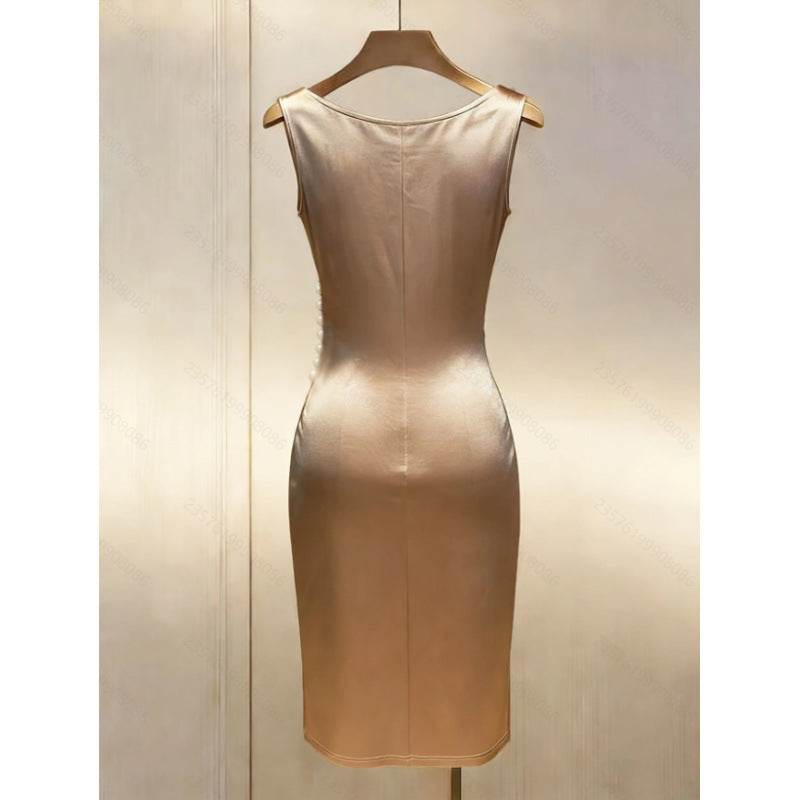 Women's new summer french chic elegant satin sleeveless slim-fit midi dress - perfect for going out and dating
