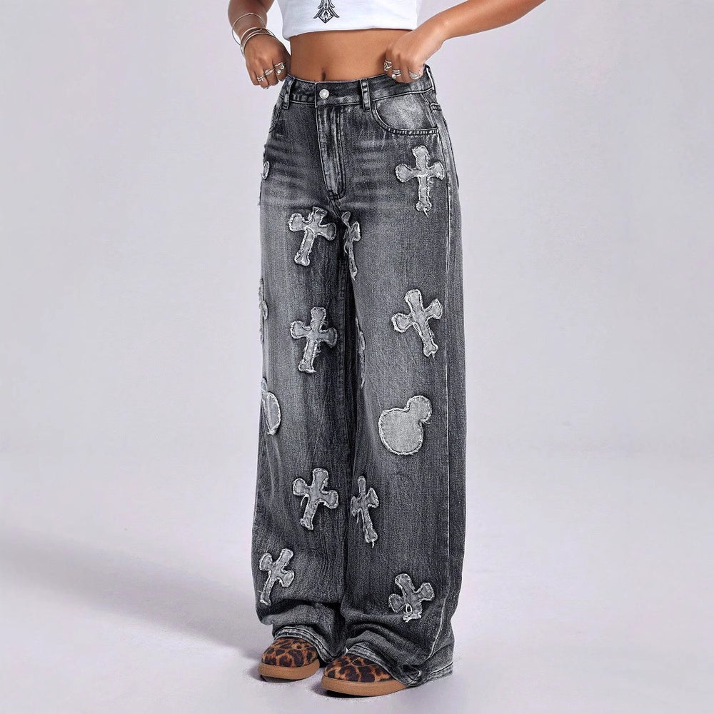 Pre-sale-65759# cross-border women's fashion european and american foreign trade ins retro cross embroidery straight-leg denim